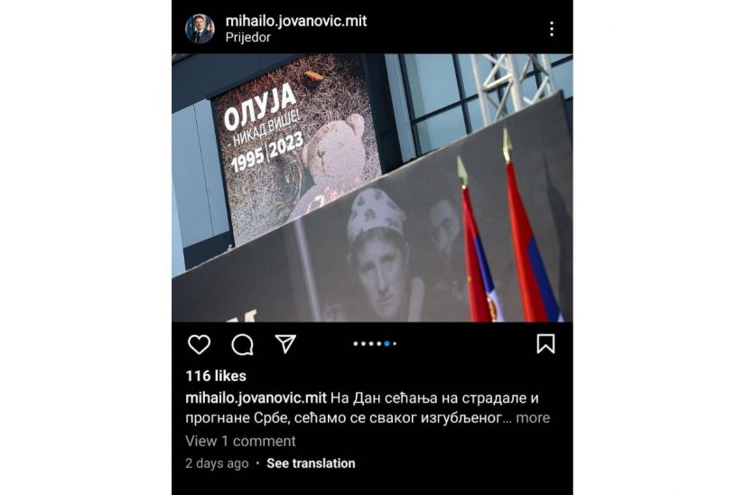 Objava na Instagram nalogu ministra informisanja i telekomunikacija Mihaila Jovanovića, Obeležavanje "Oluje"