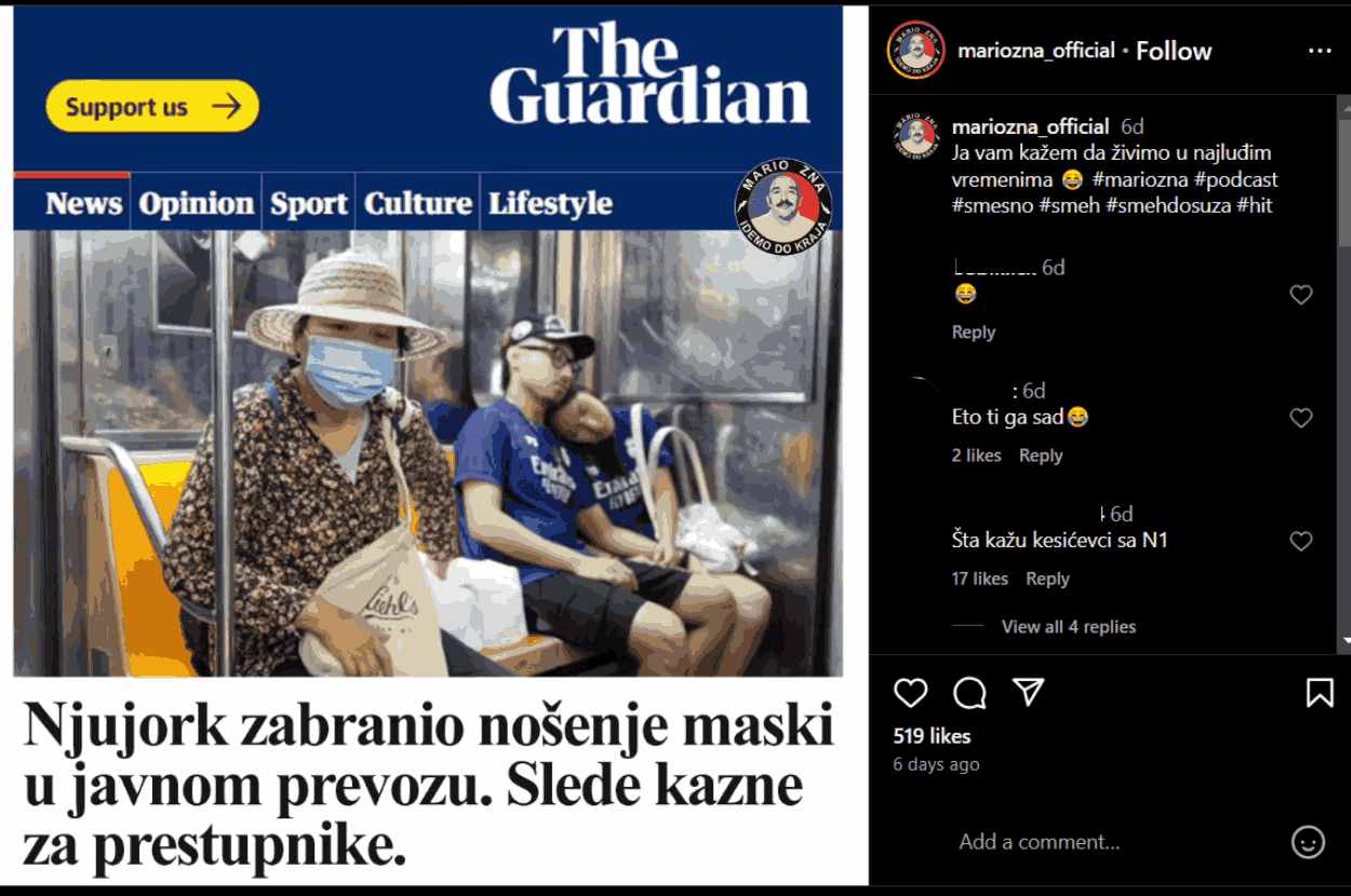 Instagram objava o zabrani nošenja zaštitnih maski