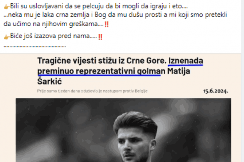 Nema dokaza da je fudbaler Šarkić preminuo zbog vakcinacije