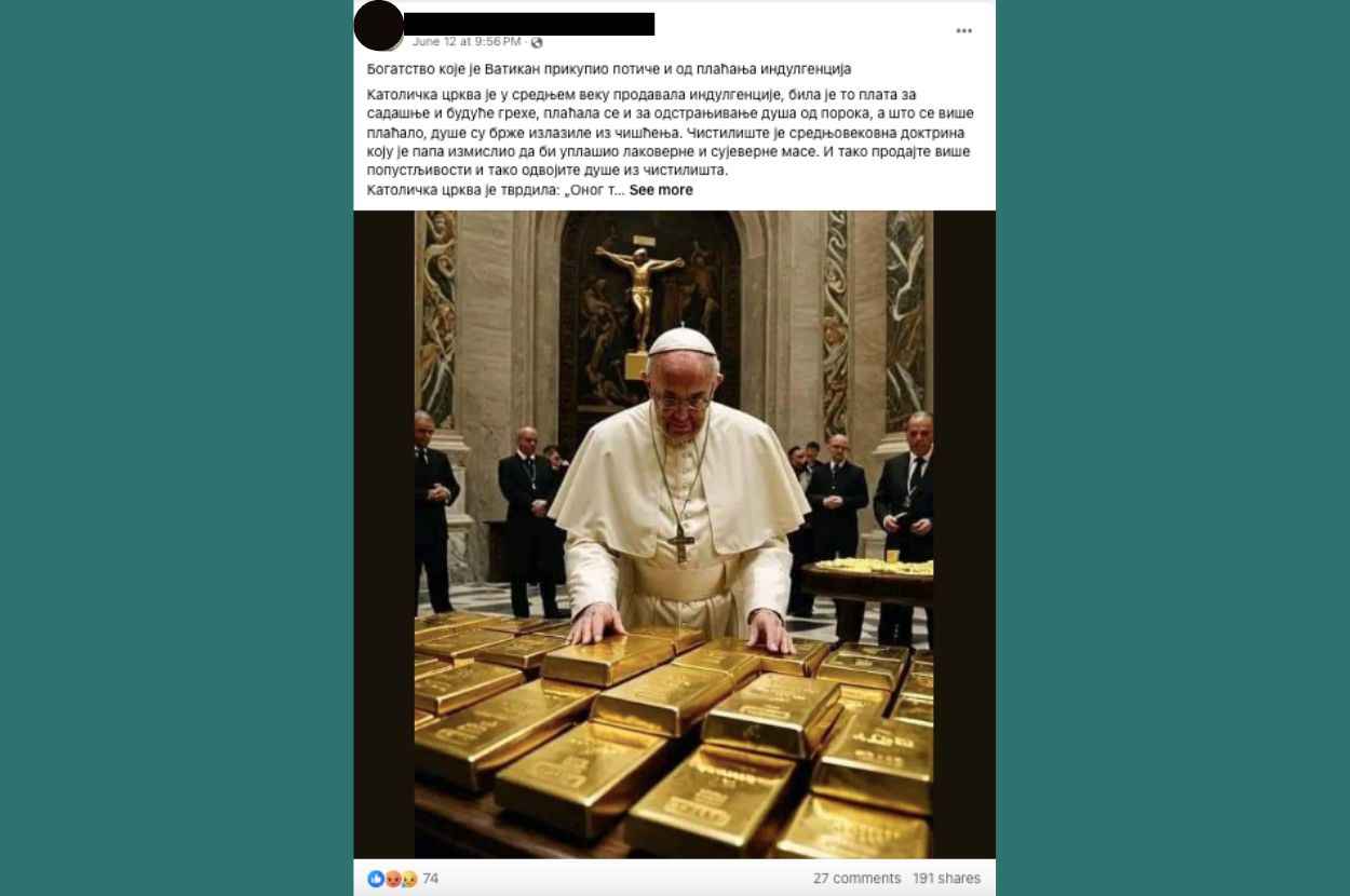 Printscreen Fejsbuk objave o papi Franji sa AI fotografijom