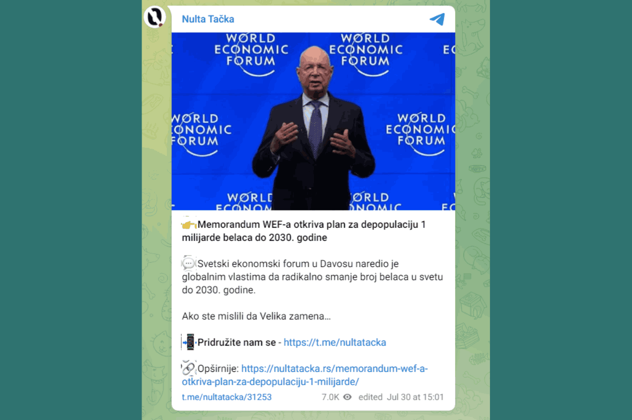 Telegram objava Nulte Tacke o SEF i depopulaciji