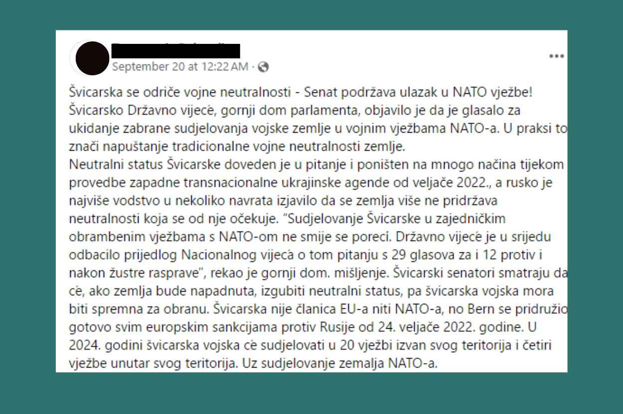 Fejsbuk objava o Švajcarskoj i navodnom odricanju vojne neutralnosti