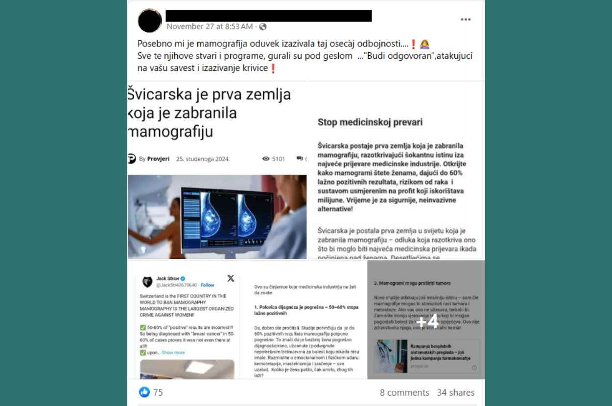 Fejsbuk objava o navodnom ukidanju mamografije u Švajcarskoj